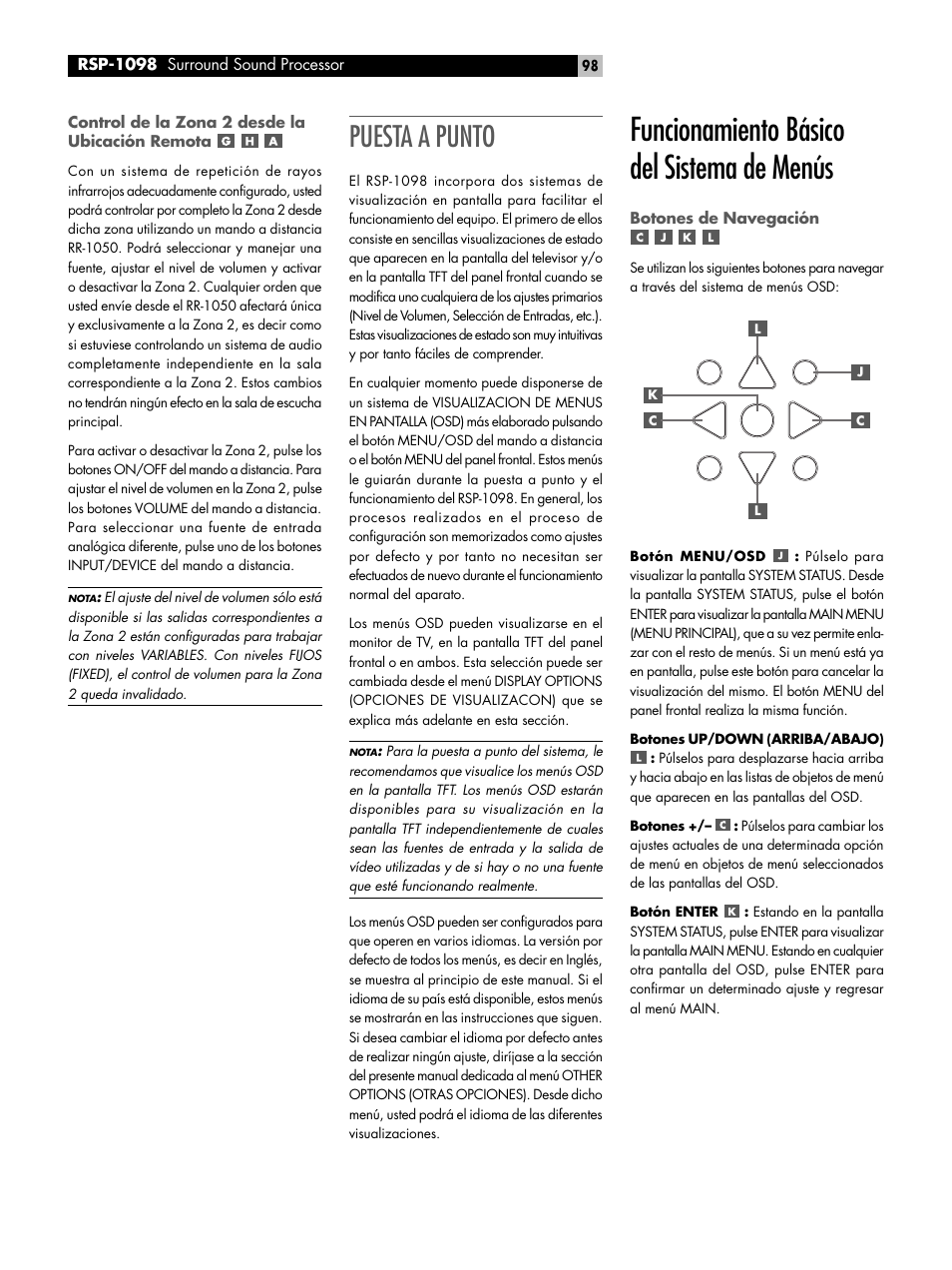 Funcionamiento básico del sistema de menús, Puesta a punto | ROTEL RSP-1098 User Manual | Page 98 / 112