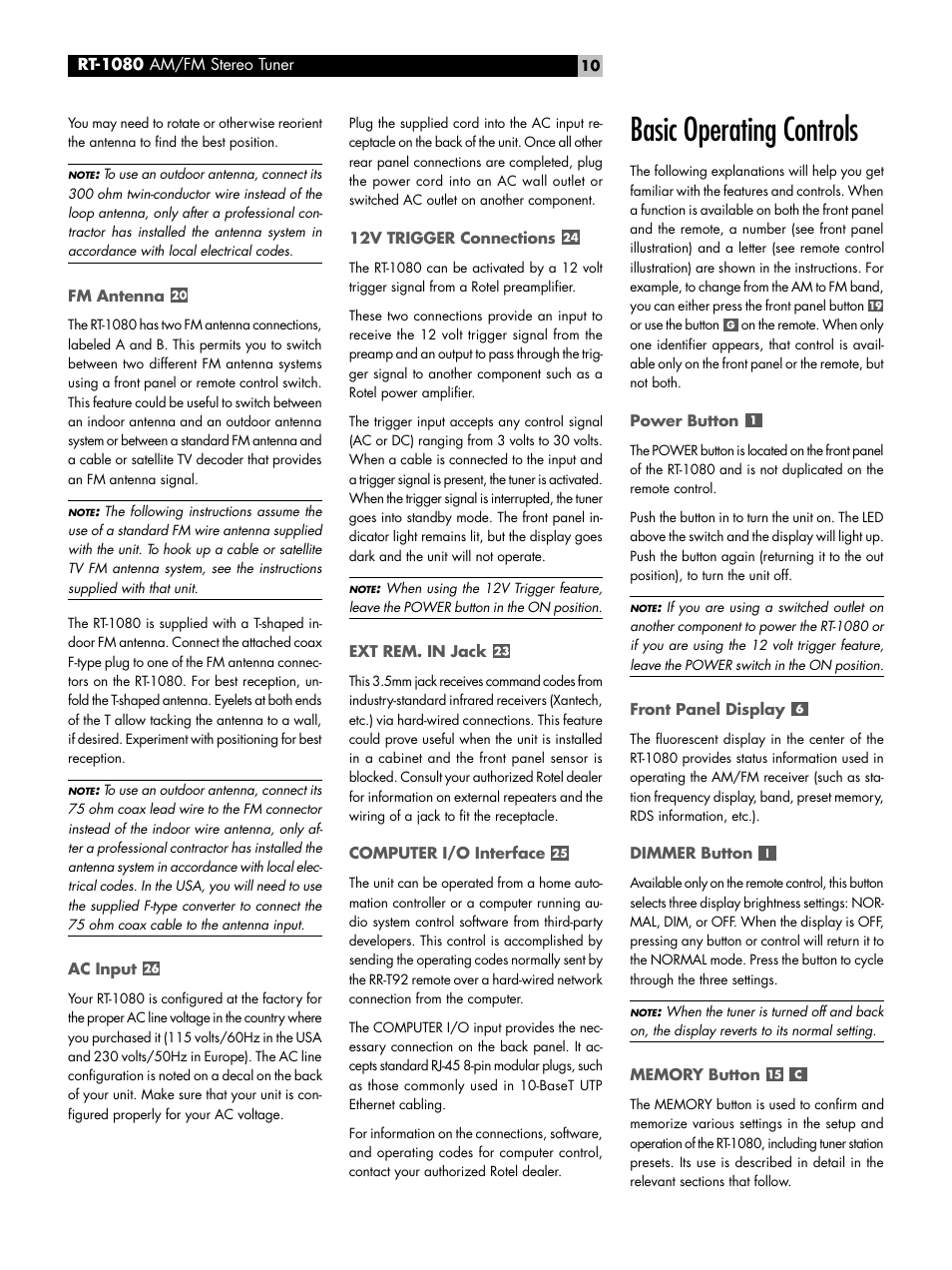 Basic operating controls | ROTEL RT1080 User Manual | Page 10 / 56