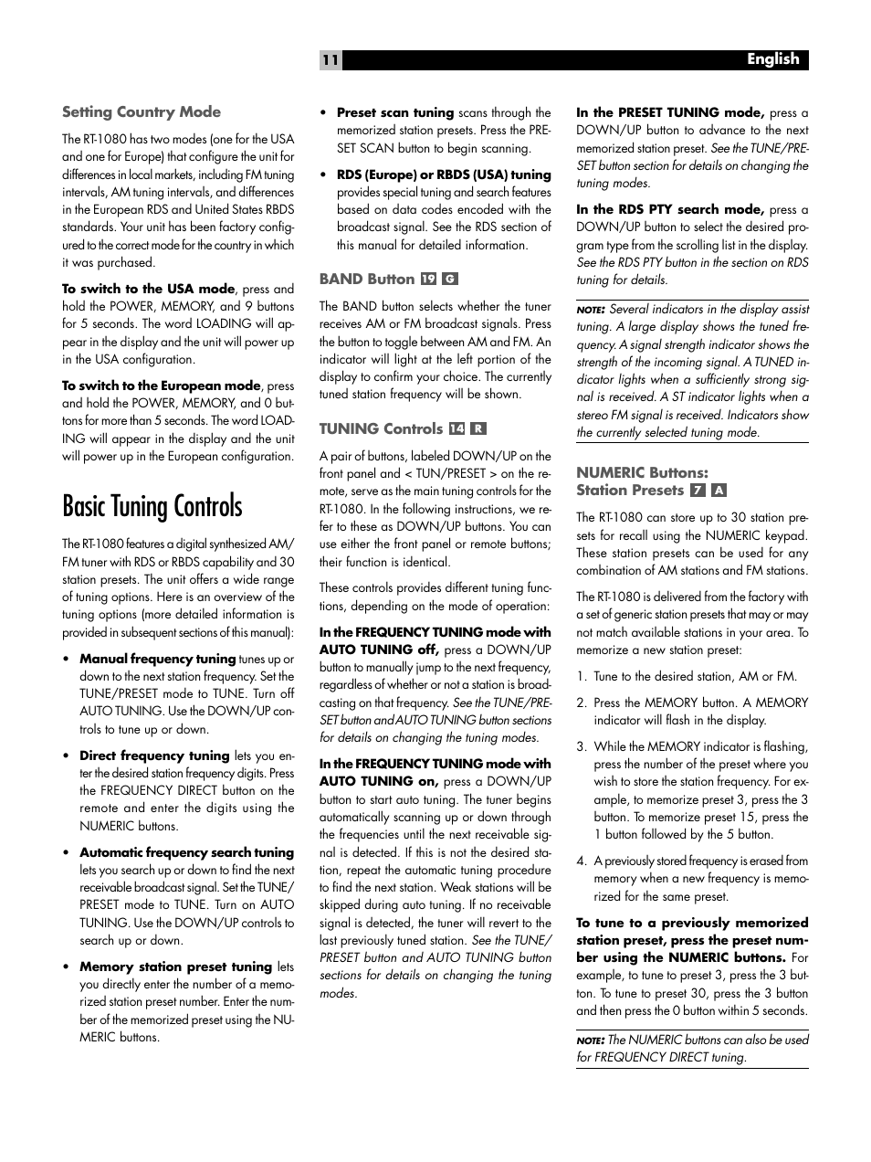 Basic tuning controls | ROTEL RT1080 User Manual | Page 11 / 56