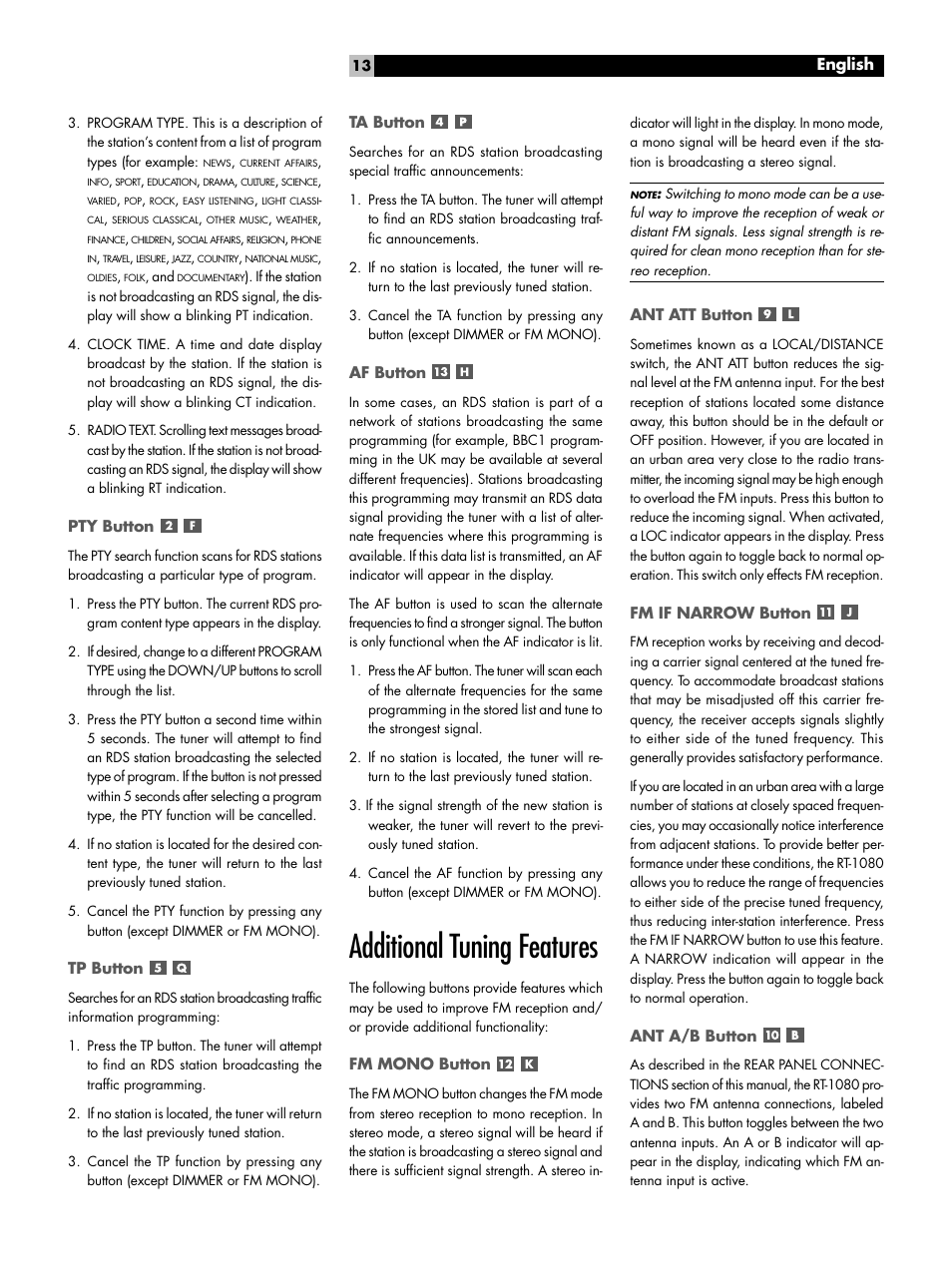 Additional tuning features, English | ROTEL RT1080 User Manual | Page 13 / 56