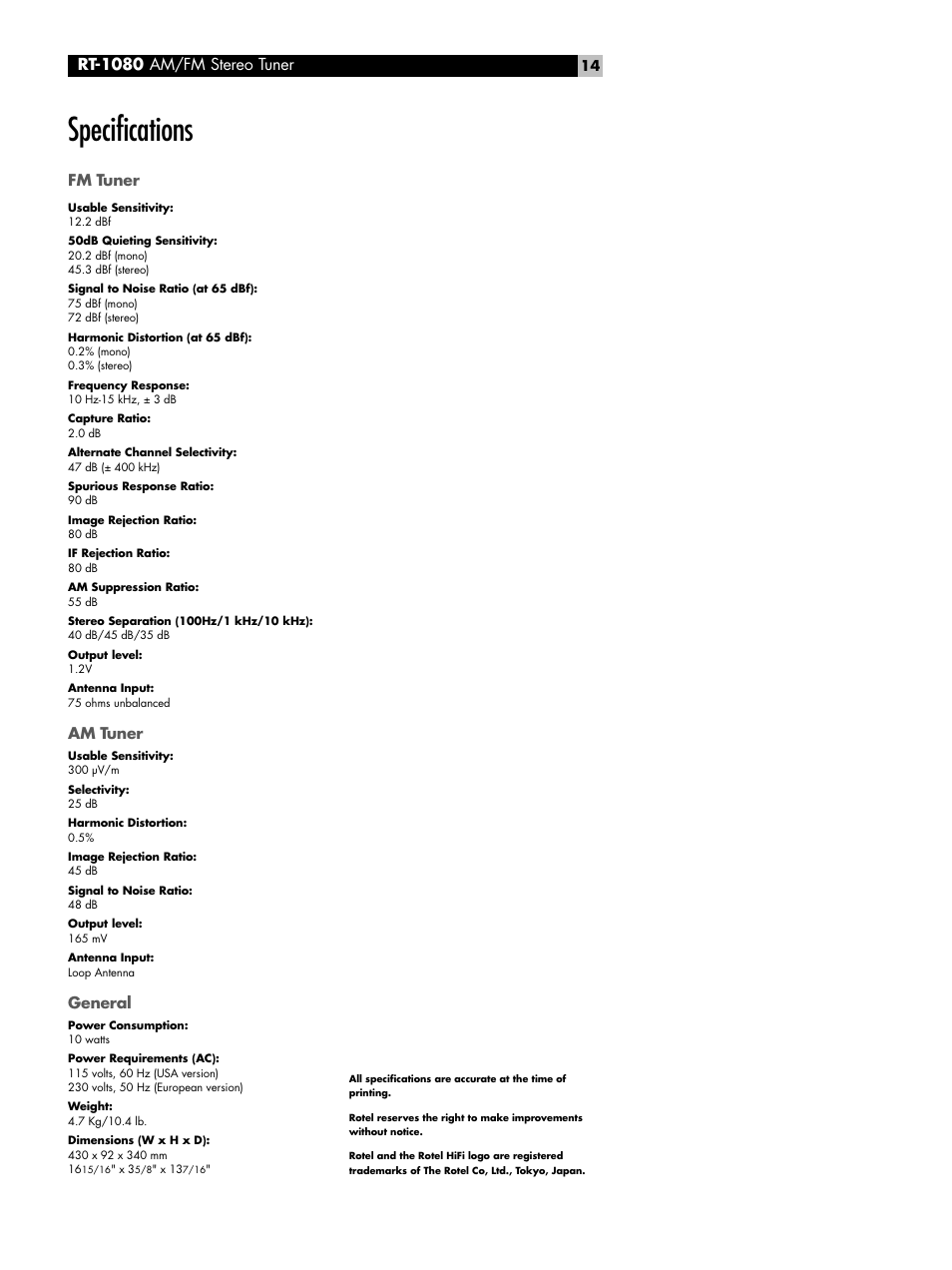 Specifications, Rt-1080 am/fm stereo tuner | ROTEL RT1080 User Manual | Page 14 / 56