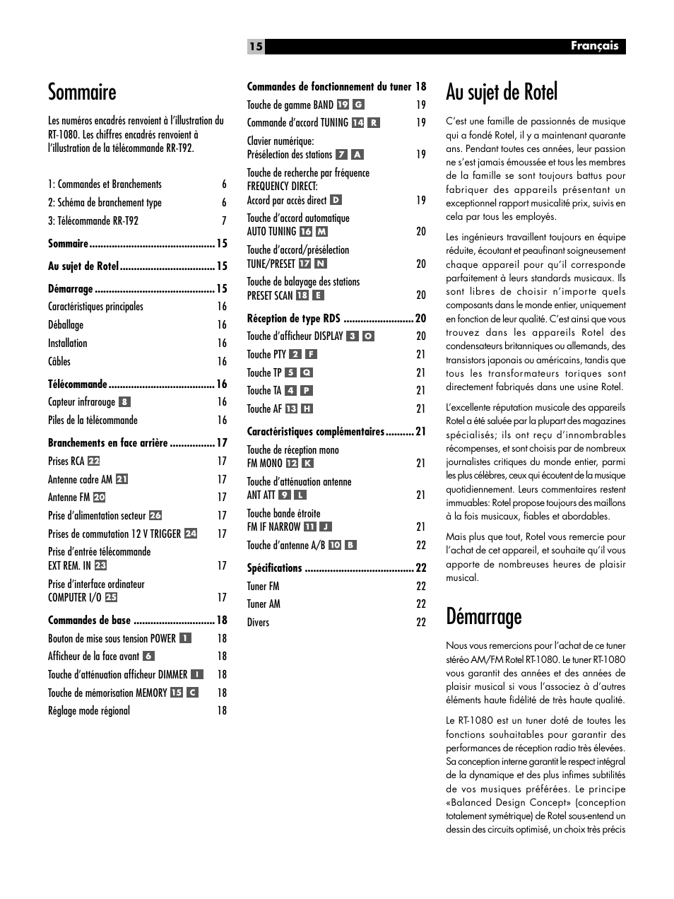 Au sujet de rotel, Démarrage, Sommaire | ROTEL RT1080 User Manual | Page 15 / 56