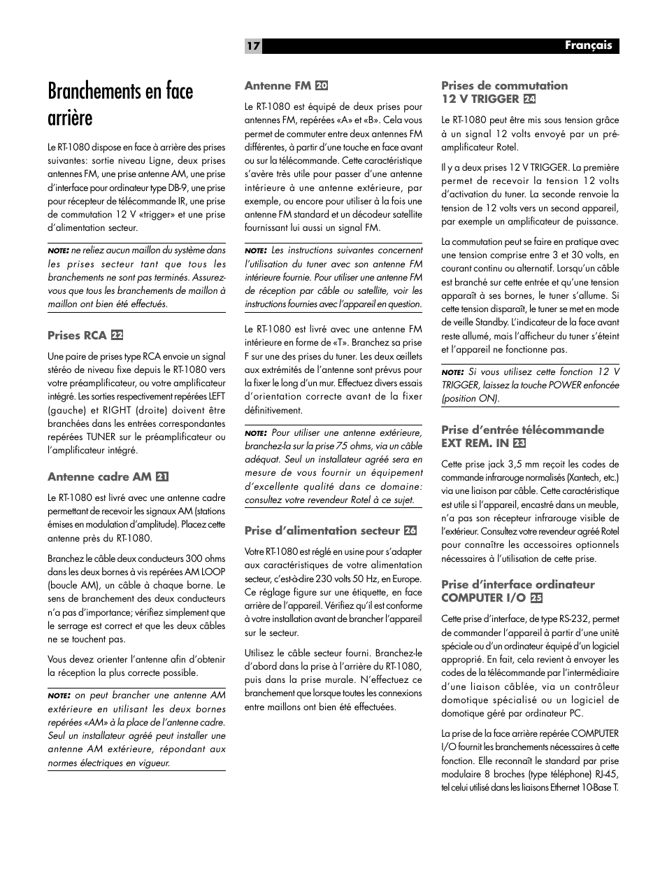 Branchements en face arrière | ROTEL RT1080 User Manual | Page 17 / 56