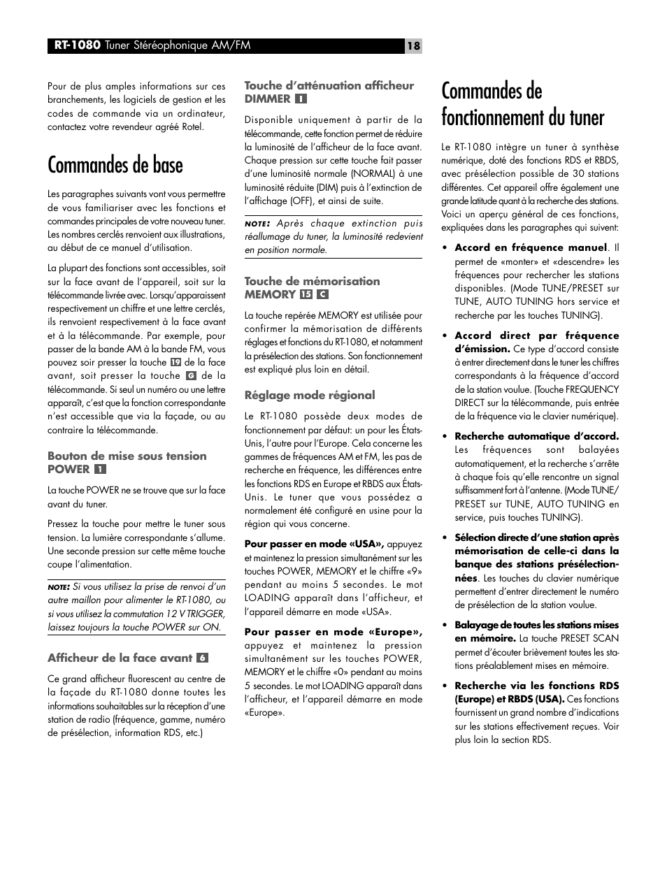 Commandes de base, Commandes de fonctionnement du tuner | ROTEL RT1080 User Manual | Page 18 / 56