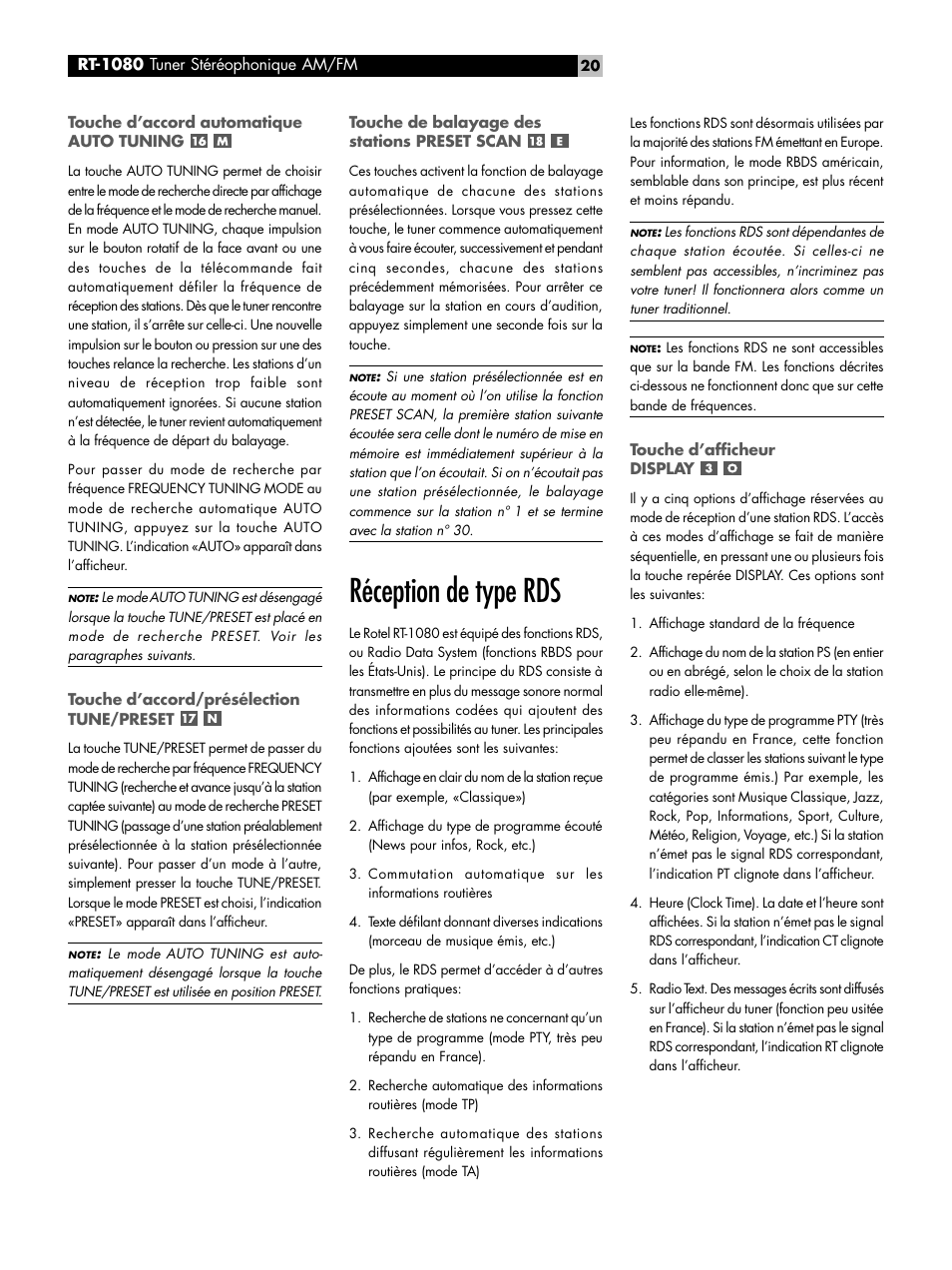 Réception de type rds | ROTEL RT1080 User Manual | Page 20 / 56