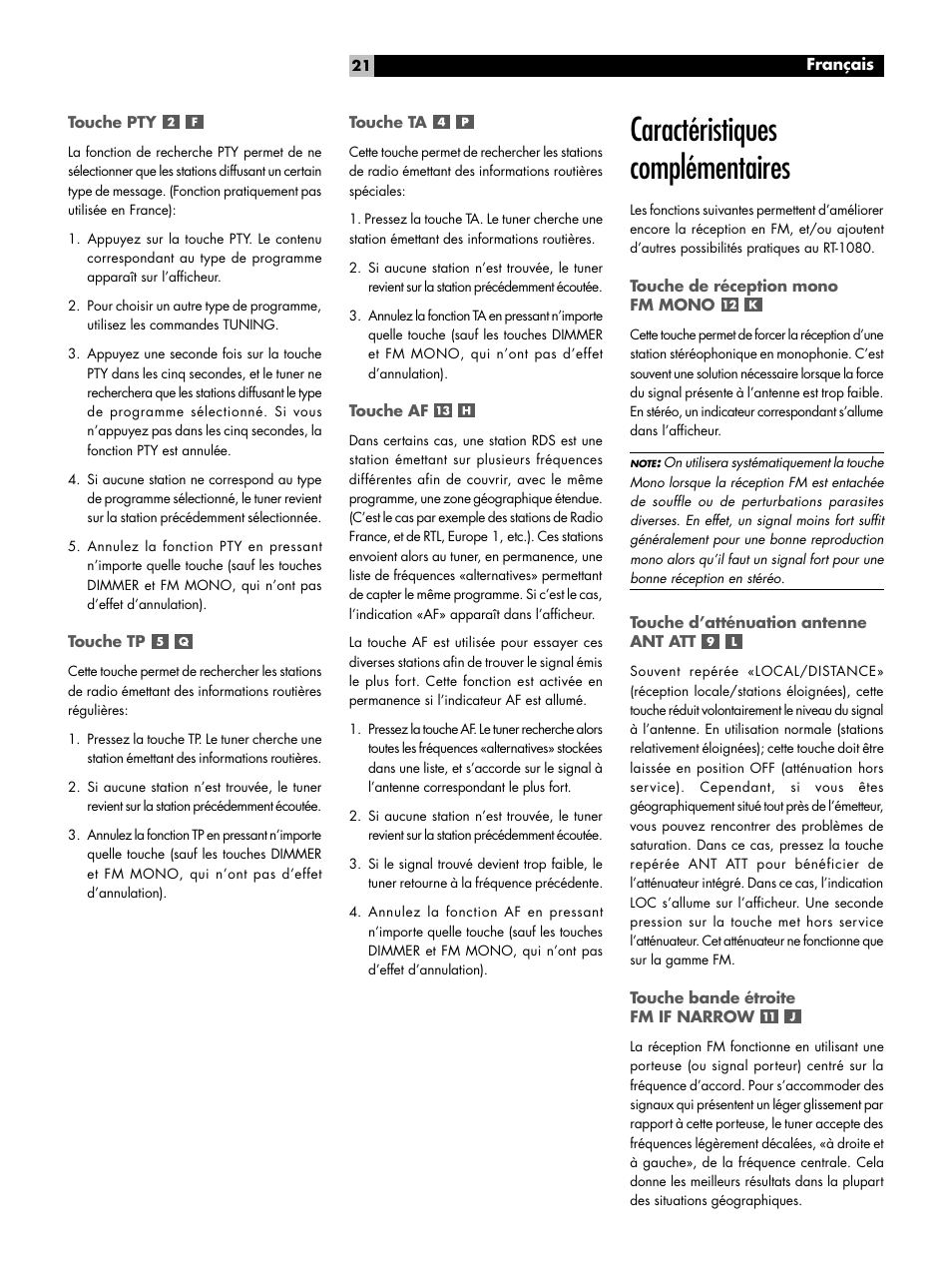 Caractéristiques complémentaires | ROTEL RT1080 User Manual | Page 21 / 56