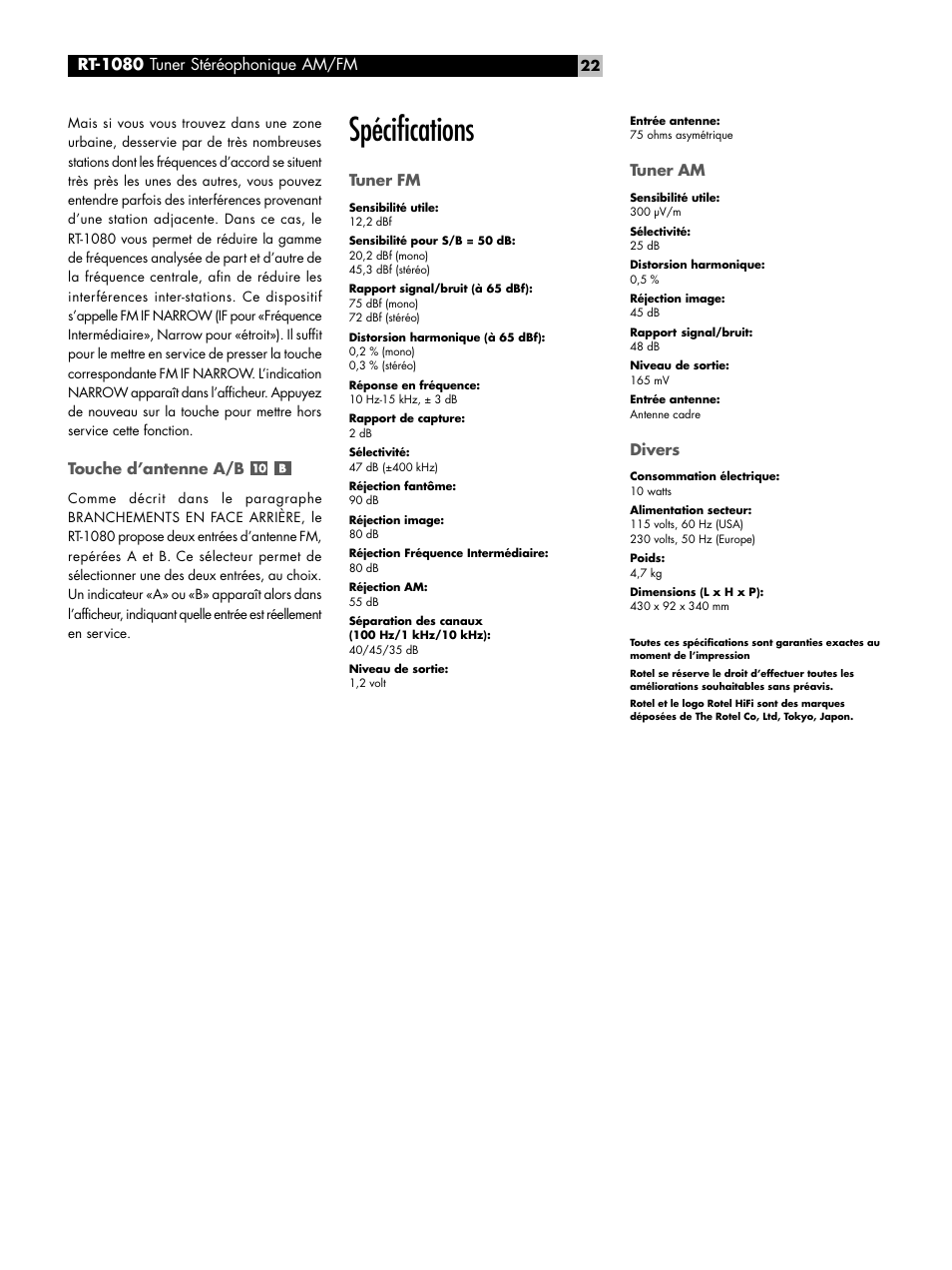 Spécifications, Rt-1080 tuner stéréophonique am/fm | ROTEL RT1080 User Manual | Page 22 / 56