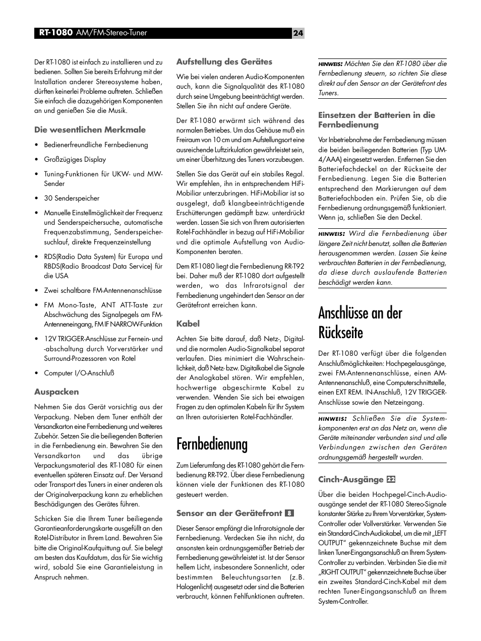 Fernbedienung, Anschlüsse an der rückseite | ROTEL RT1080 User Manual | Page 24 / 56