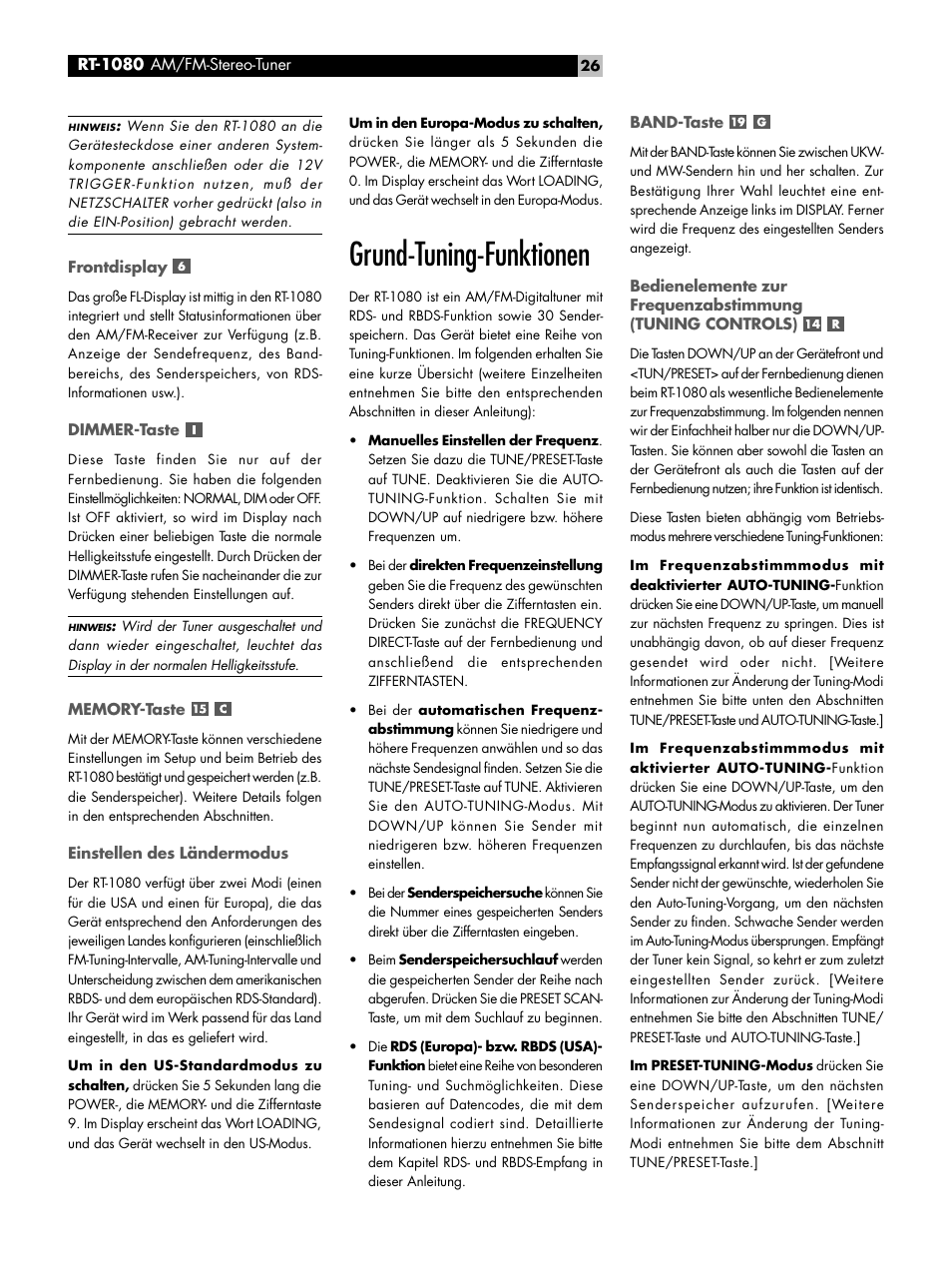 Grund-tuning-funktionen | ROTEL RT1080 User Manual | Page 26 / 56