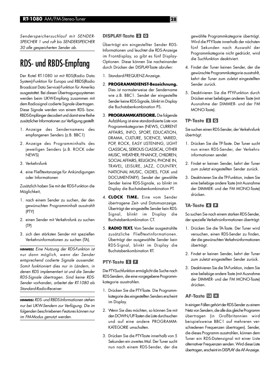 Rds- und rbds-empfang | ROTEL RT1080 User Manual | Page 28 / 56