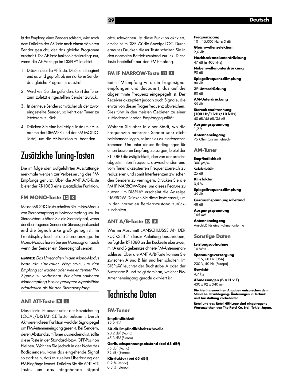 Zusätzliche tuning-tasten, Technische daten | ROTEL RT1080 User Manual | Page 29 / 56