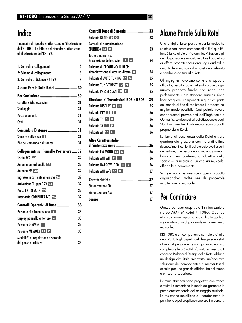 Alcune parole sulla rotel, Per cominciare, Indice | ROTEL RT1080 User Manual | Page 30 / 56