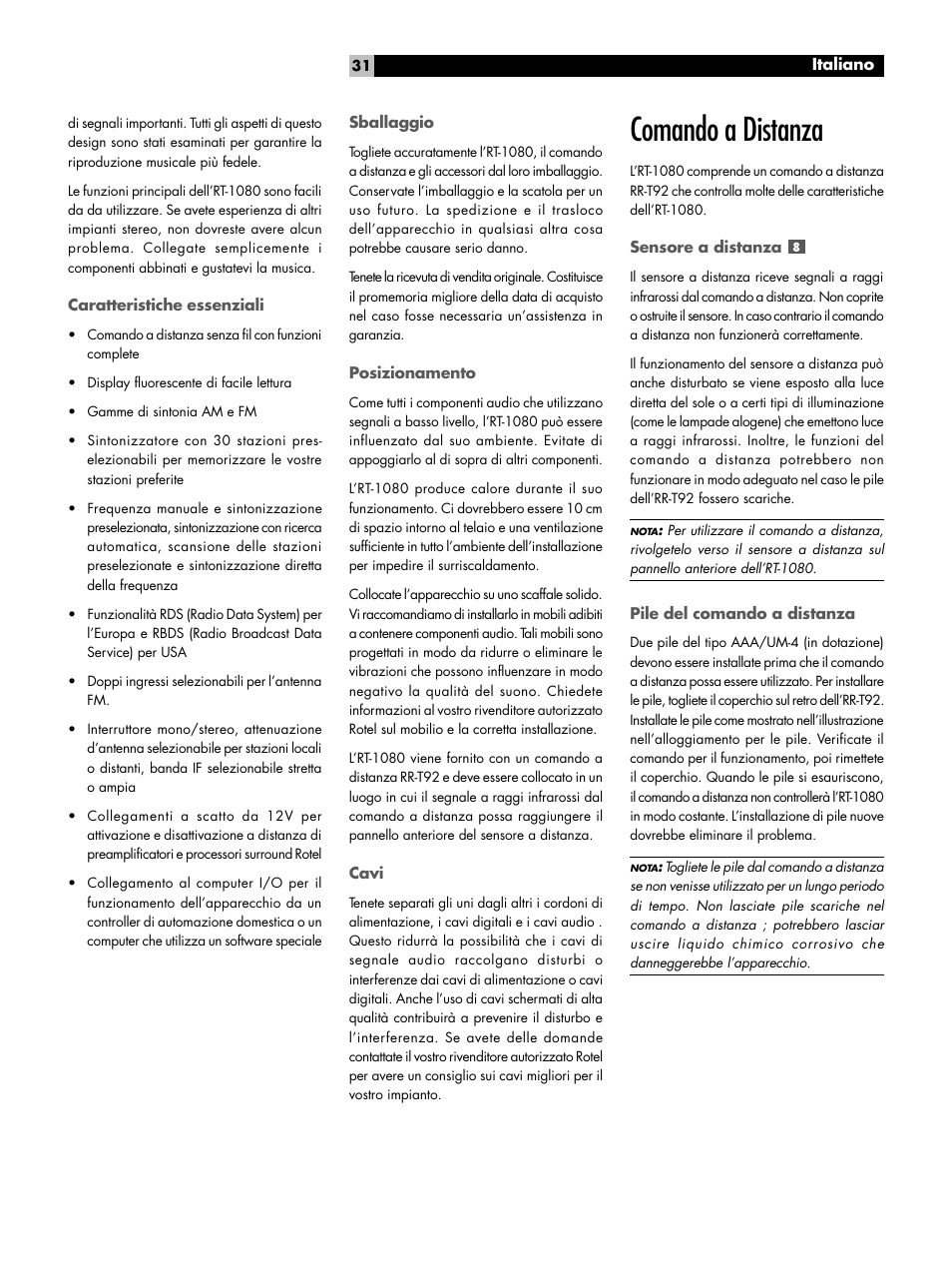Comando a distanza | ROTEL RT1080 User Manual | Page 31 / 56