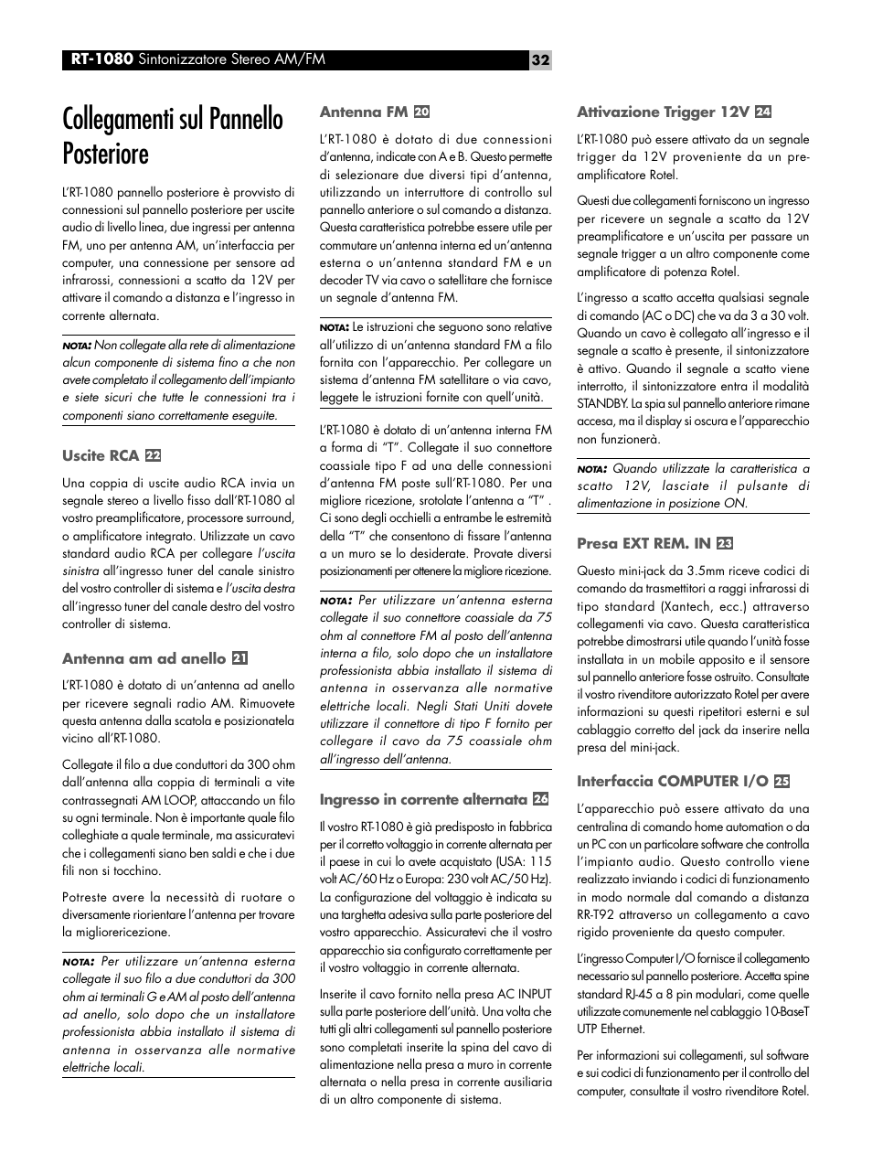 Collegamenti sul pannello posteriore | ROTEL RT1080 User Manual | Page 32 / 56