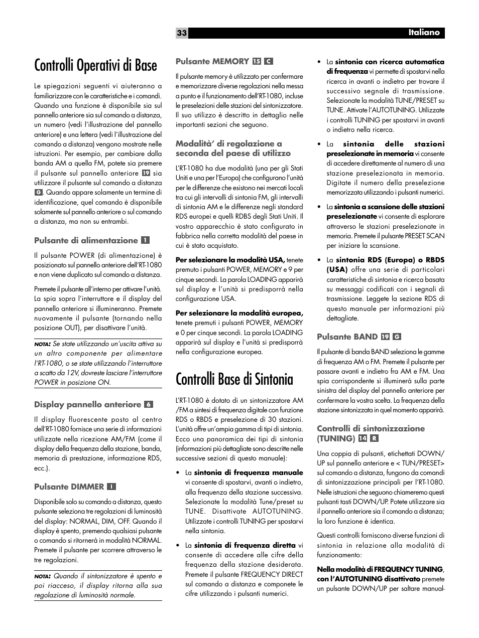 Controlli operativi di base, Controlli base di sintonia | ROTEL RT1080 User Manual | Page 33 / 56