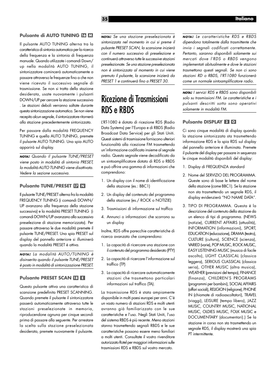 Ricezione di trasmissioni rds e rbds | ROTEL RT1080 User Manual | Page 35 / 56