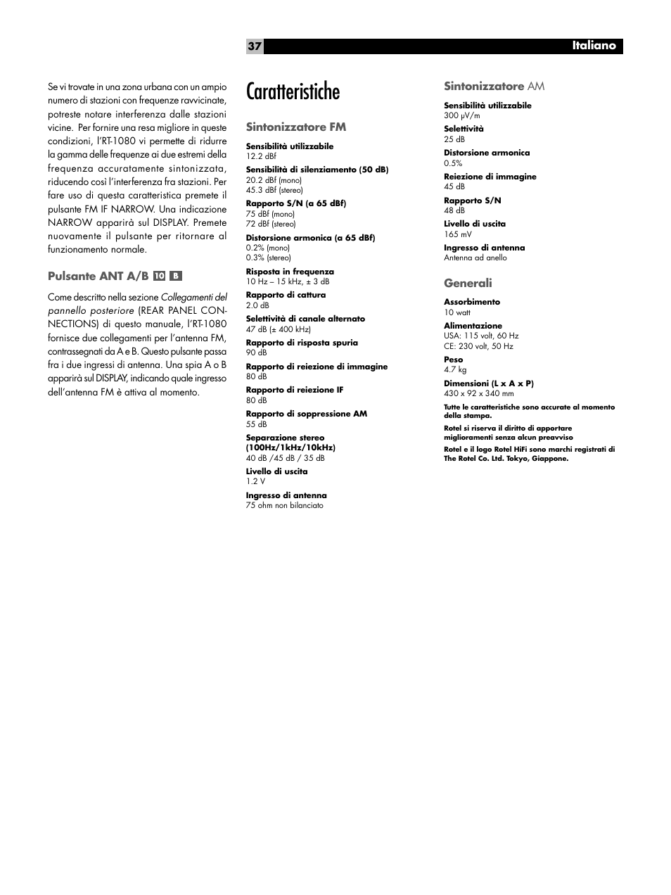 Caratteristiche, Italiano | ROTEL RT1080 User Manual | Page 37 / 56