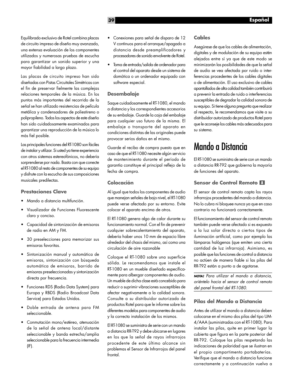 Mando a distancia | ROTEL RT1080 User Manual | Page 39 / 56