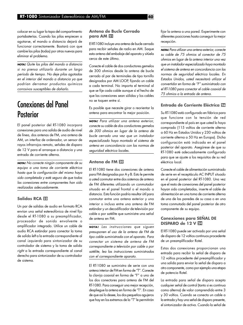 Conexiones del panel posterior | ROTEL RT1080 User Manual | Page 40 / 56