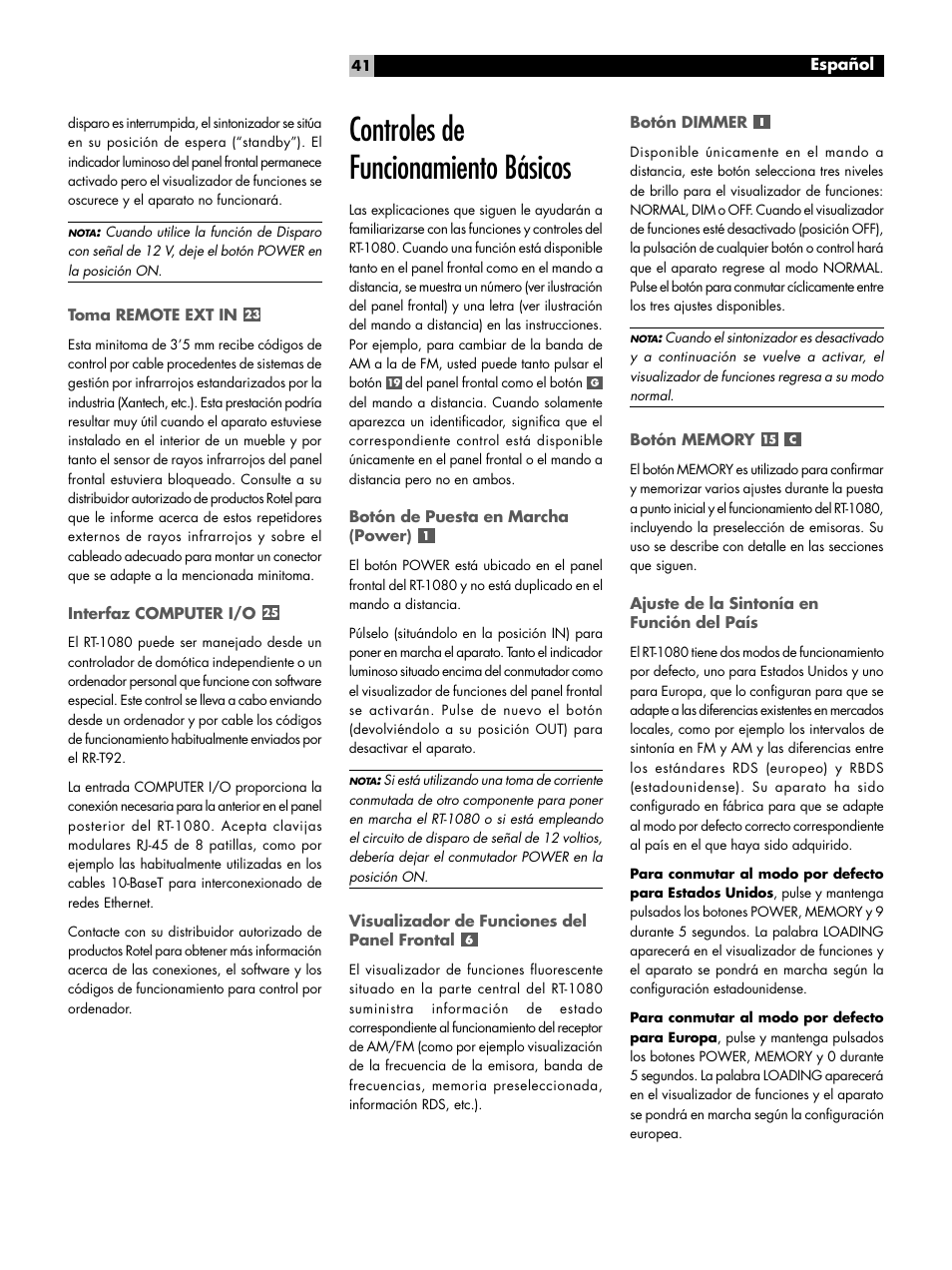 Controles de funcionamiento básicos | ROTEL RT1080 User Manual | Page 41 / 56