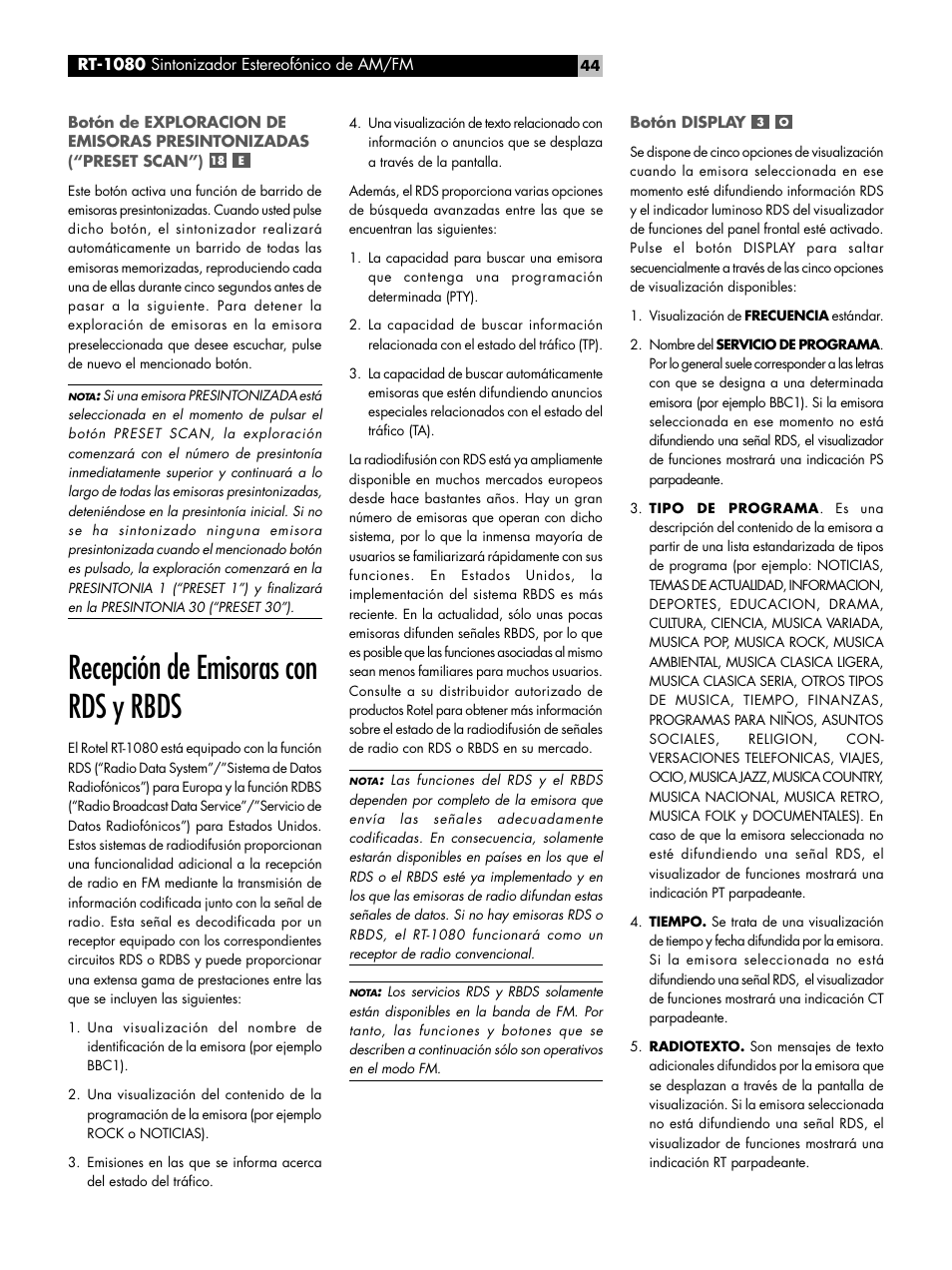 Recepción de emisoras con rds y rbds | ROTEL RT1080 User Manual | Page 44 / 56