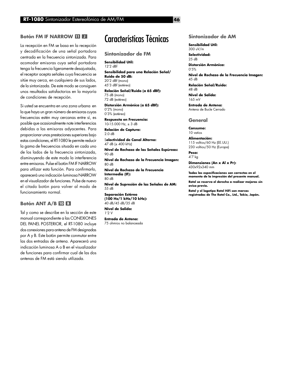 Características técnicas, Rt-1080 sintonizador estereofónico de am/fm | ROTEL RT1080 User Manual | Page 46 / 56