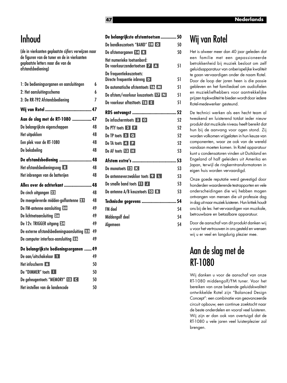 Wij van rotel, Aan de slag met de rt-1080, Inhoud | ROTEL RT1080 User Manual | Page 47 / 56