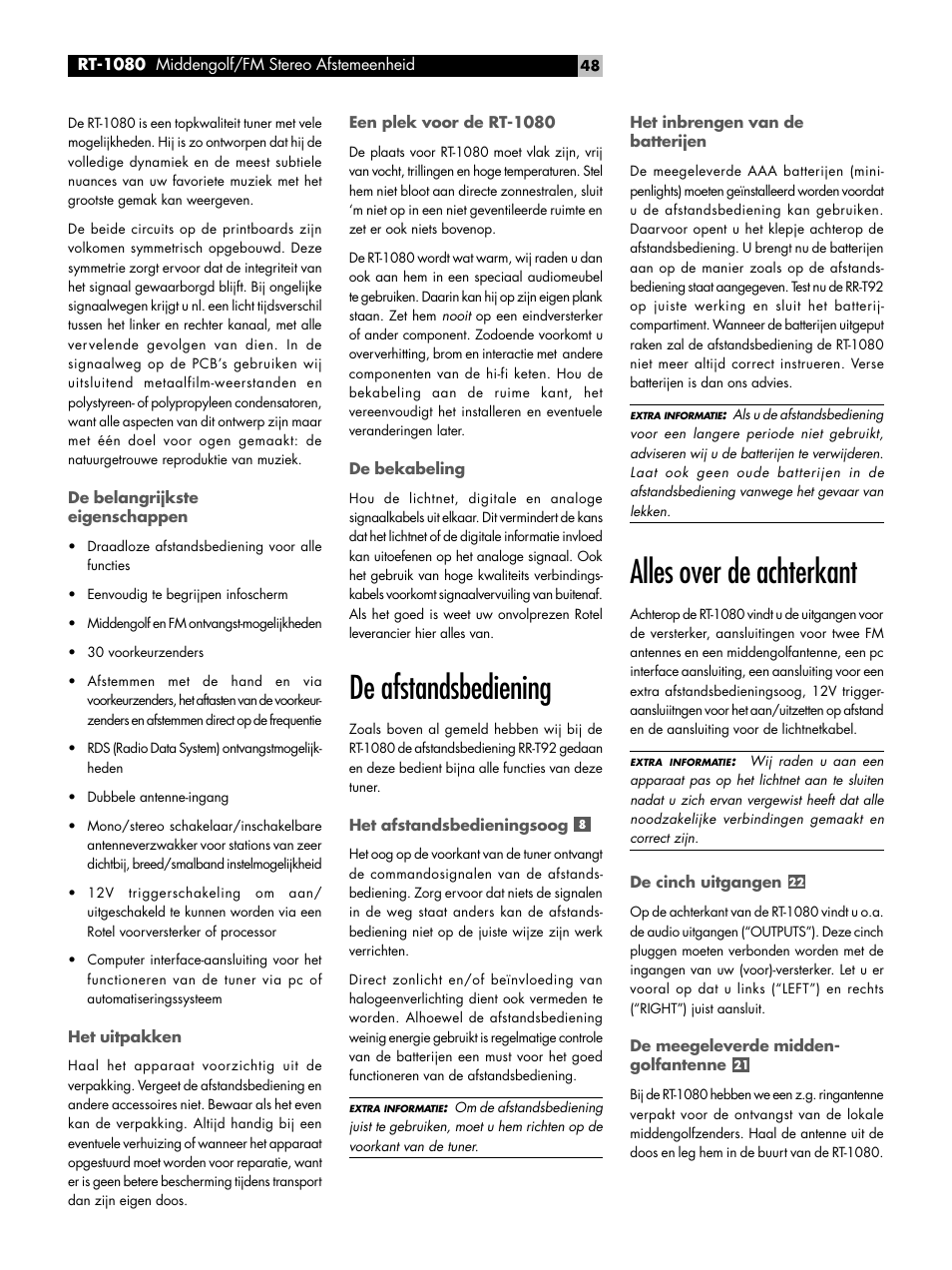 De afstandsbediening, Alles over de achterkant | ROTEL RT1080 User Manual | Page 48 / 56