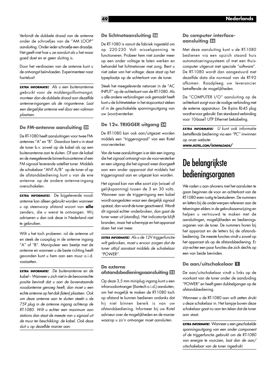 De belangrijkste bedieningsorganen, Nederlands | ROTEL RT1080 User Manual | Page 49 / 56