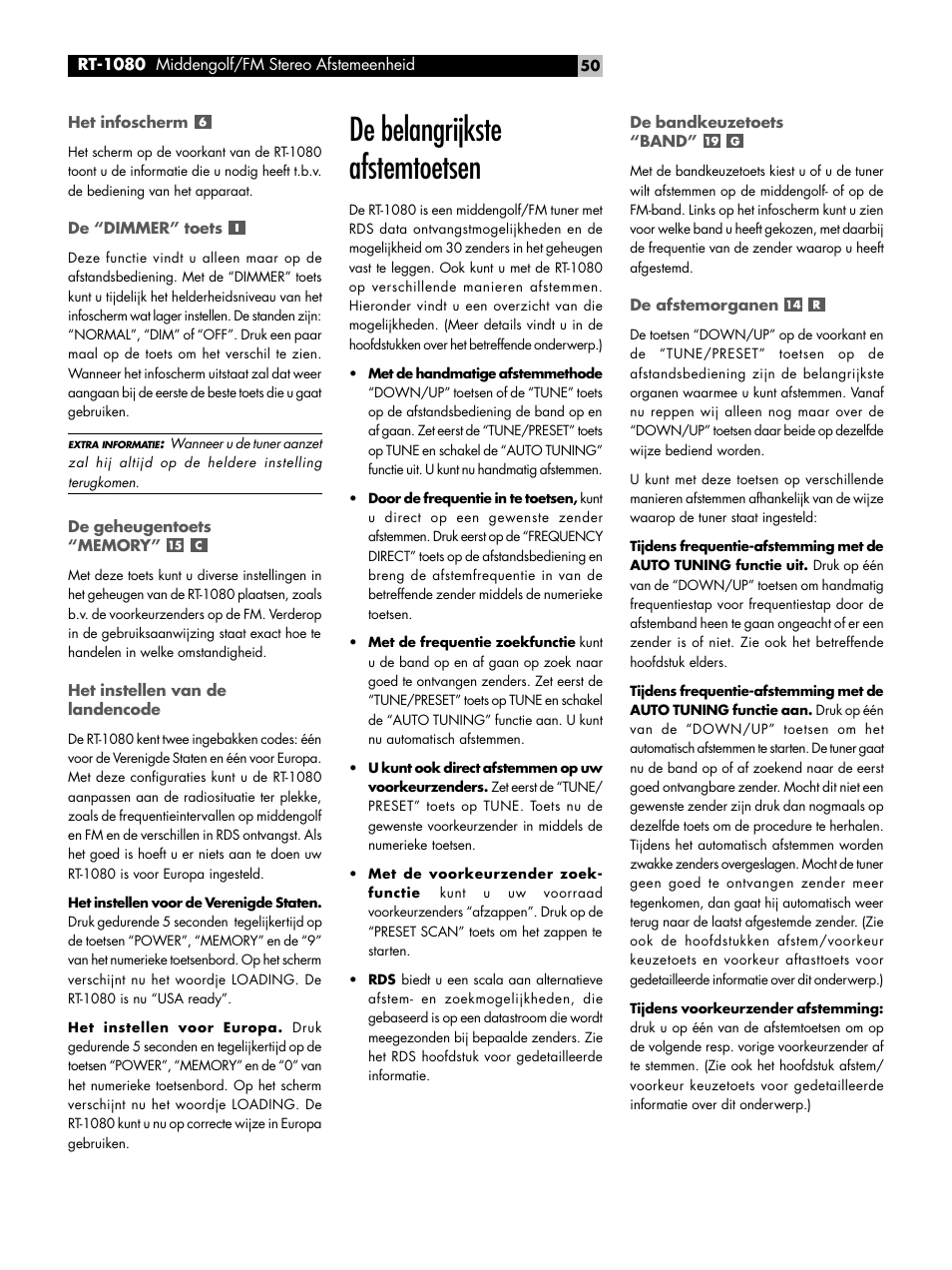 De belangrijkste afstemtoetsen | ROTEL RT1080 User Manual | Page 50 / 56