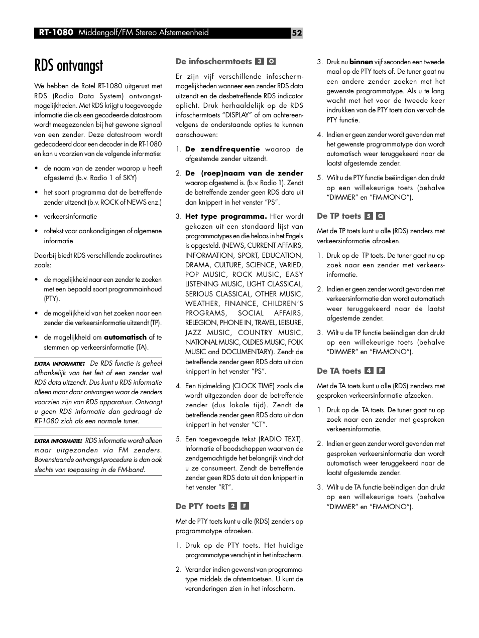 Rds ontvangst | ROTEL RT1080 User Manual | Page 52 / 56