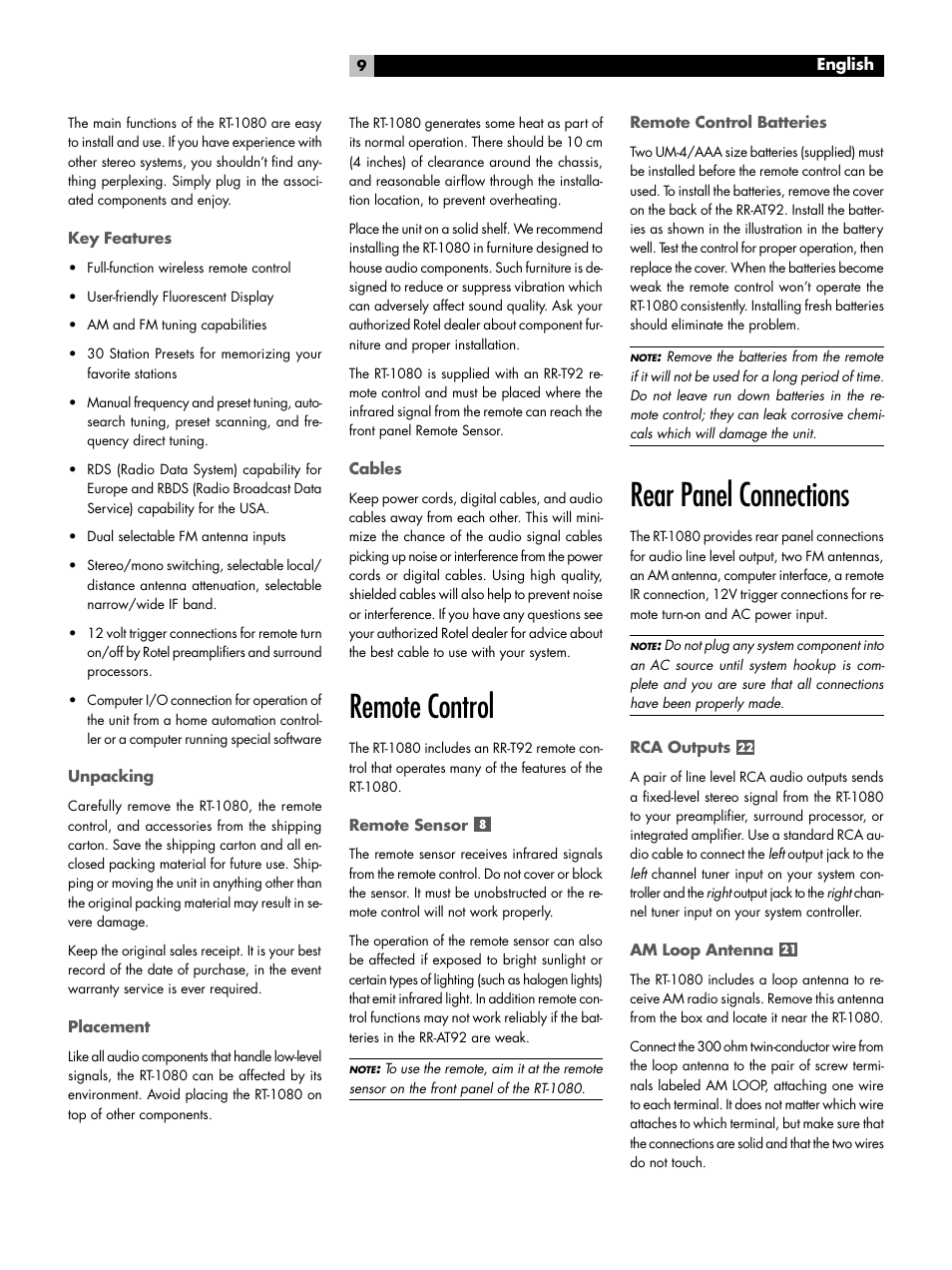 Remote control, Rear panel connections | ROTEL RT1080 User Manual | Page 9 / 56