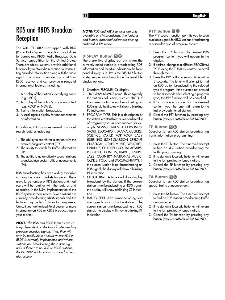 Rds and rbds broadcast reception, Display button, Pty button | Tp button, Ta button | ROTEL RT-1082 User Manual | Page 11 / 86