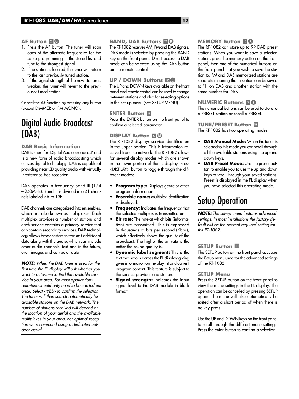 Af button, Digital audio broadcast (dab), Dab basic information | Band, dab buttons, Up / down buttons, Enter button, Display button, Memory button, Numeric buttons, Tune/preset button | ROTEL RT-1082 User Manual | Page 12 / 86