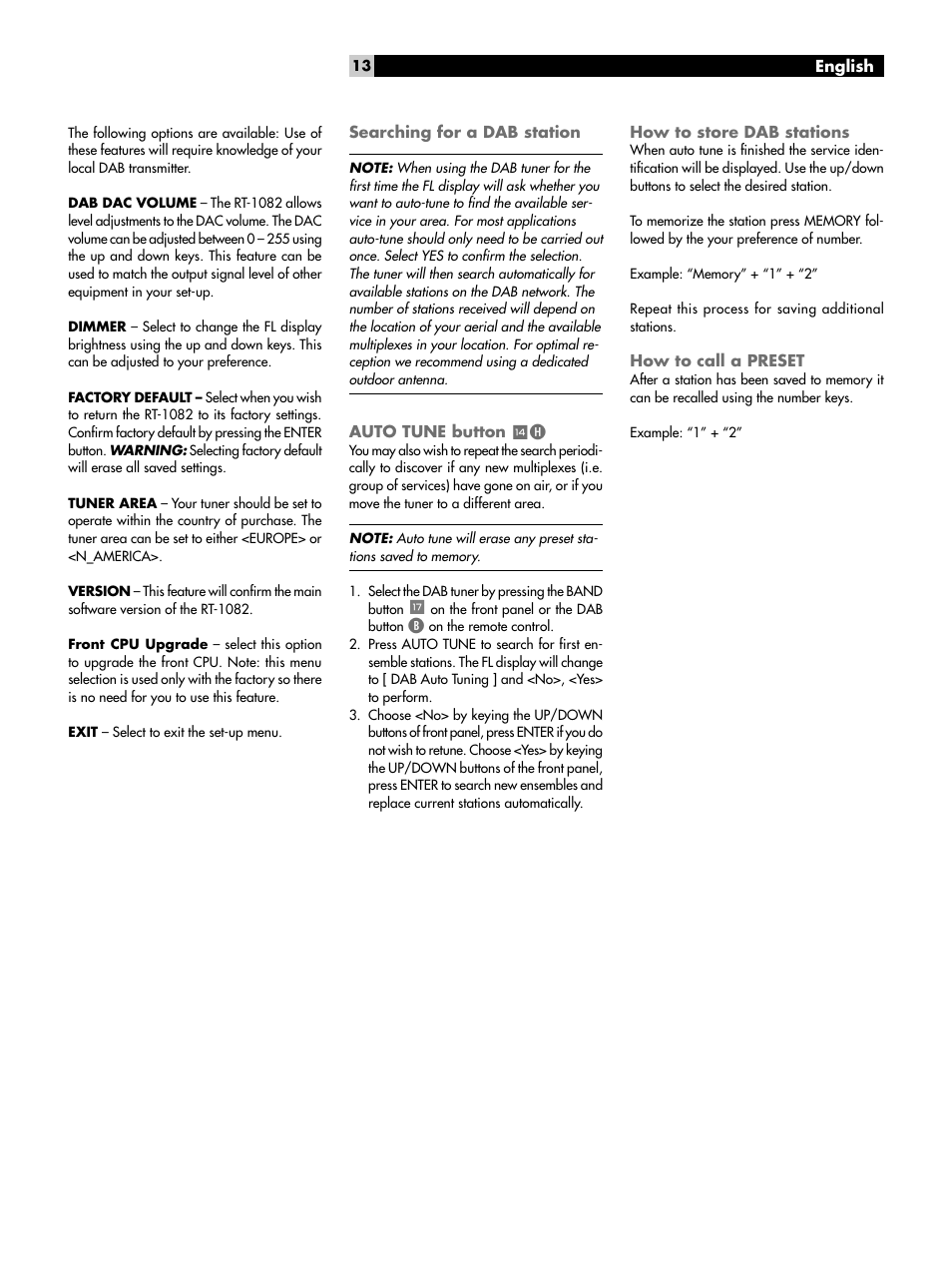 Searching for a dab station, Auto tune button, How to store dab stations | How to call a preset | ROTEL RT-1082 User Manual | Page 13 / 86