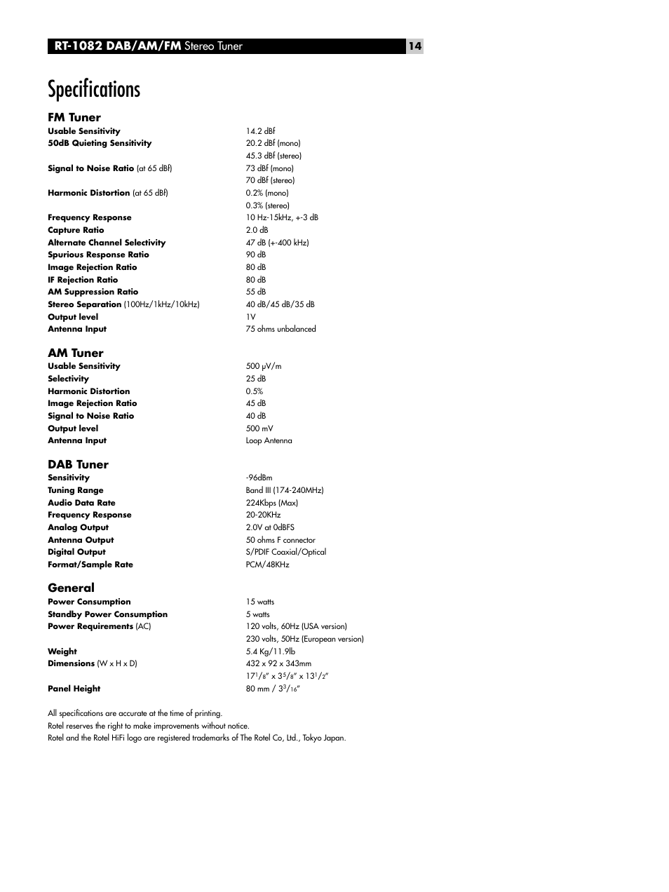 Speciﬁcations, Rt-1082 dab/am/fm stereo tuner, Fm tuner | Am tuner, Dab tuner, General | ROTEL RT-1082 User Manual | Page 14 / 86