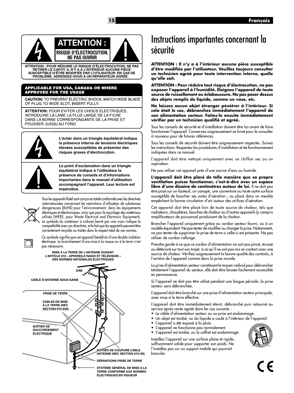 Instructions importantes concernant la sécurité, Attention, Risque d’électrocution. ne pas ouvrir | Français | ROTEL RT-1082 User Manual | Page 15 / 86