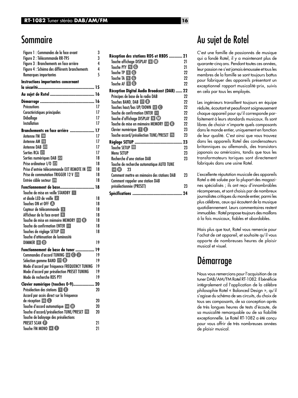 Au sujet de rotel, Démarrage, Sommaire | ROTEL RT-1082 User Manual | Page 16 / 86