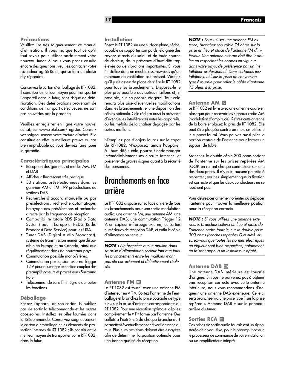 Précautions, Caractéristiques principales, Déballage | Installation, Branchements en face arrière, Antenne fm y, Antenne am u, Antenne dab i, Sorties rca o, Antenne fm | ROTEL RT-1082 User Manual | Page 17 / 86