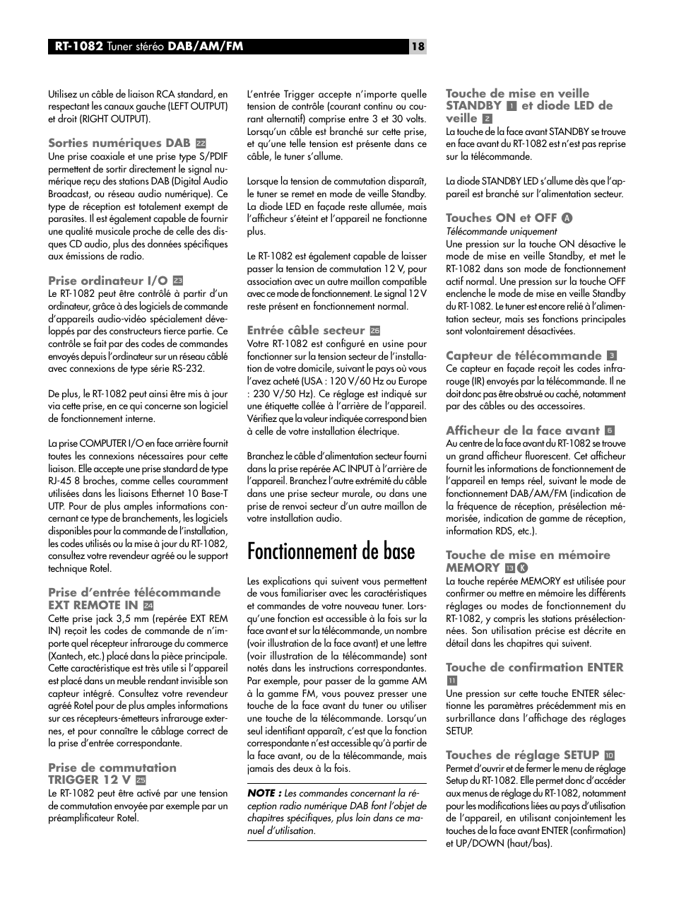 Sorties numériques dab p, Prise ordinateur i/o, Prise d’entrée télécommande ext remote in | Prise de commutation trigger 12 v, Entrée câble secteur a, Fonctionnement de base, Touches on et off a, Capteur de télécommande 3, Afficheur de la face avant 6, Touche de mise en mémoire memory qk | ROTEL RT-1082 User Manual | Page 18 / 86