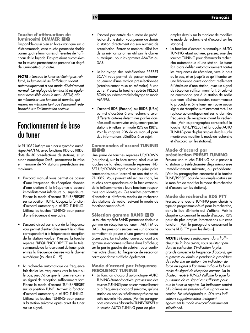 Touche d’atténuation de luminosité dimmer 8d, Fonctionnement de base du tuner, Commandes d’accord tuning =cj | Sélection gamme band tb, Mode d’accord par fréquence frequency tuning, Mode d’accord par présélection preset tuning, Mode de recherche rds pty, Touche d’atténuation de luminosité dimmer, Commandes d’accord tuning, Sélection gamme band | ROTEL RT-1082 User Manual | Page 19 / 86