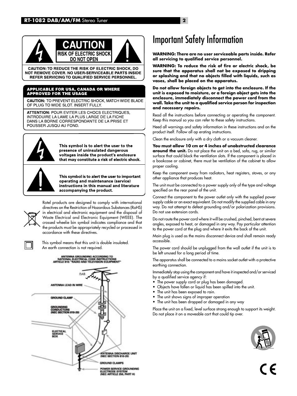 Important safety information | ROTEL RT-1082 User Manual | Page 2 / 86