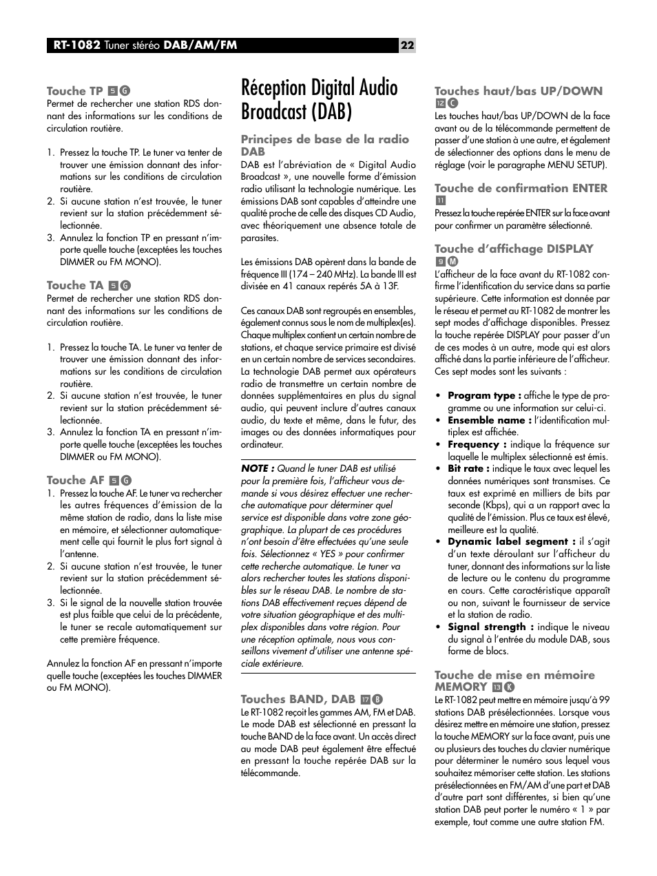 Touche tp 5g, Touche ta 5g, Touche af 5g | Réception digital audio broadcast (dab), Principes de base de la radio dab, Touches band, dab tb, Touches haut/bas up/down =c, Touche de confirmation enter, Touche d’affichage display 9m, Touche de mise en mémoire memory qk | ROTEL RT-1082 User Manual | Page 22 / 86