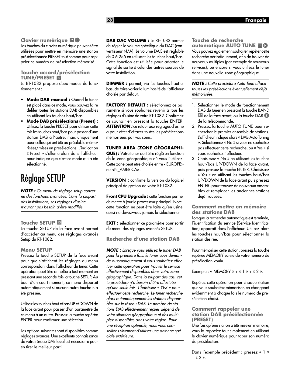 Clavier numérique 7e, Touche accord/présélection tune/preset e, Réglage setup | Touche setup 0, Menu setup, Recherche d’une station dab, Touche de recherche automatique auto tune wh, Comment mettre en mémoire des stations dab, Clavier numérique, Touche accord/présélection tune/preset | ROTEL RT-1082 User Manual | Page 23 / 86