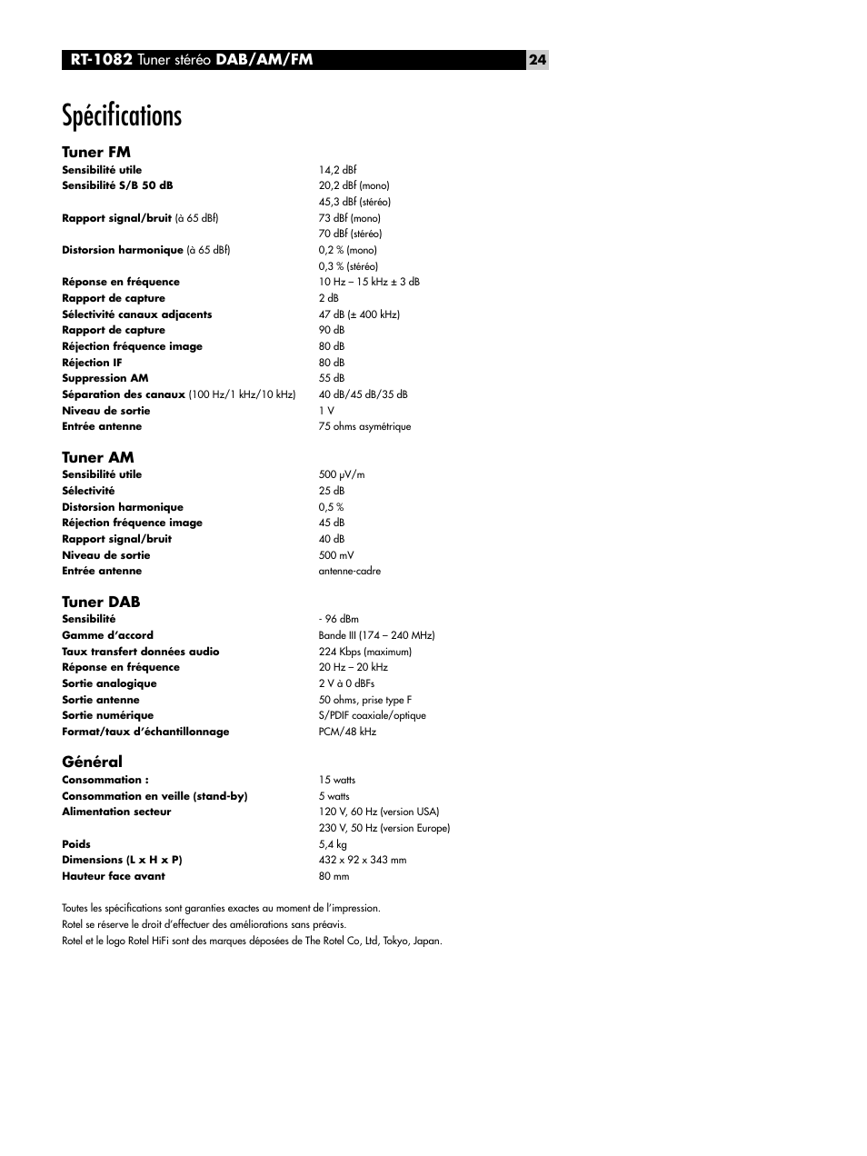 Spécifications, Spéciﬁcations, Rt-1082 tuner stéréo dab/am/fm | Tuner fm, Tuner am, Tuner dab, Général | ROTEL RT-1082 User Manual | Page 24 / 86