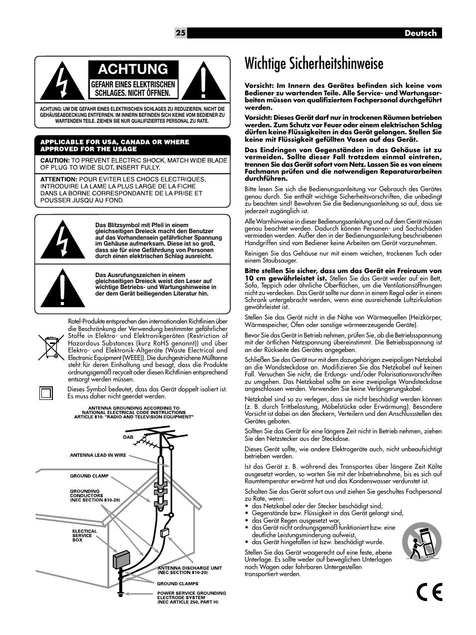 Wichtige sicherheitshinweise, Achtung, Gefahr eines elektrischen schlages. nicht öffnen | ROTEL RT-1082 User Manual | Page 25 / 86