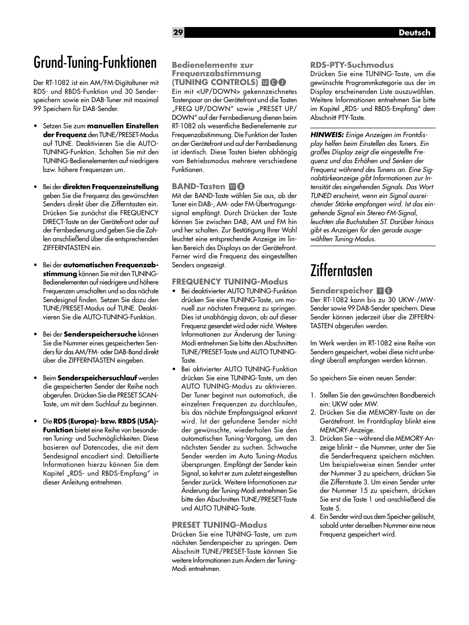 Grund-tuning-funktionen, Band-tasten tb, Frequency tuning-modus | Preset tuning-modus, Rds-pty-suchmodus, Zifferntasten, Senderspeicher 7e, Bedienelemente zur frequenzabstimmung, Tuning controls), Band-tasten | ROTEL RT-1082 User Manual | Page 29 / 86