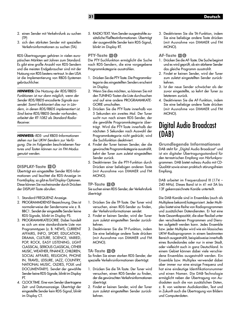 Display-taste 9m, Pty-taste 5g, Tp-taste 5g | Ta-taste 5g, Af-taste 5g, Digital audio broadcast (dab), Grundlegende informationen, Display-taste, Pty-taste, Tp-taste | ROTEL RT-1082 User Manual | Page 31 / 86