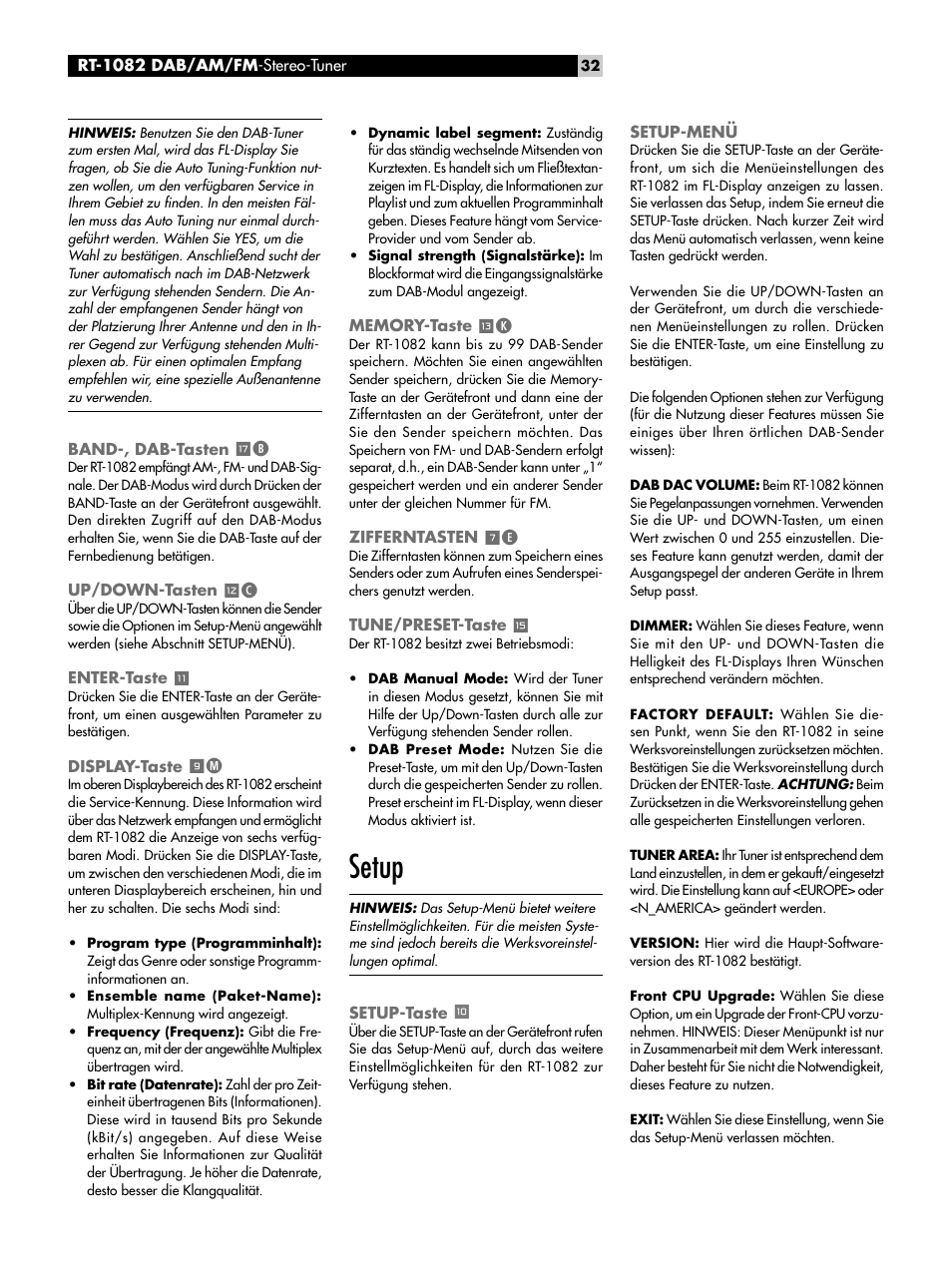 Band-, dab-tasten tb, Up/down-tasten =c, Enter-taste | Display-taste 9m, Memory-taste qk, Zifferntasten 7e, Tune/preset-taste e, Setup, Setup-taste 0, Setup-menü | ROTEL RT-1082 User Manual | Page 32 / 86