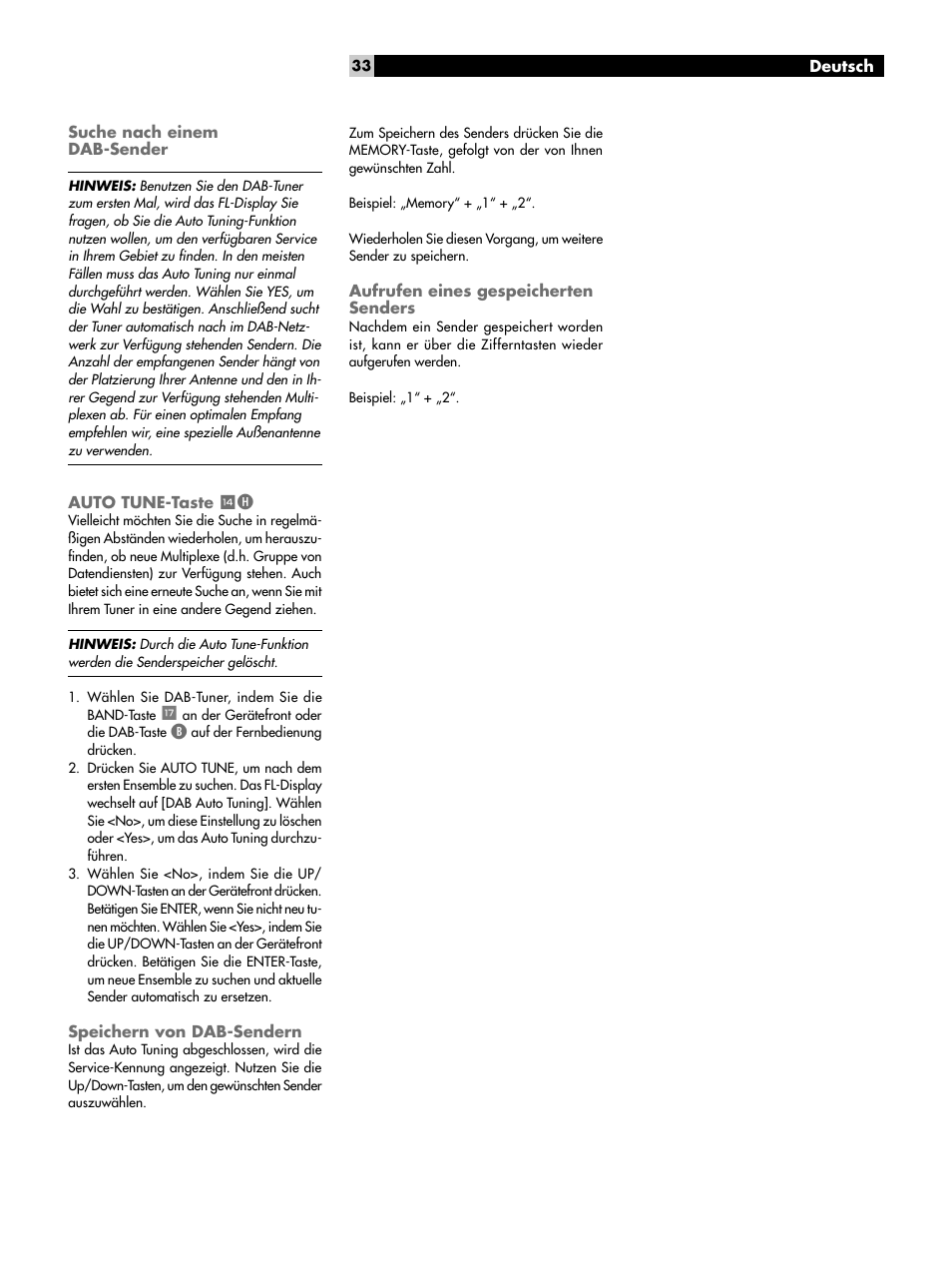 Suche nach einem dab-sender, Auto tune-taste wh, Speichern von dab-sendern | Aufrufen eines gespeicherten senders, Auto tune-taste | ROTEL RT-1082 User Manual | Page 33 / 86